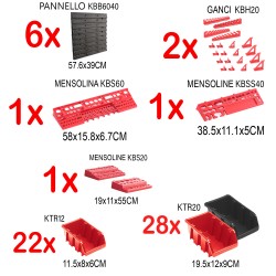 Pannelli Porta Attrezzi + Accessori | Pannelli 172,8x78 cm | 5 Mensoline | 2 Set di Ganci | 50 Contenitori Bocca di Lupo